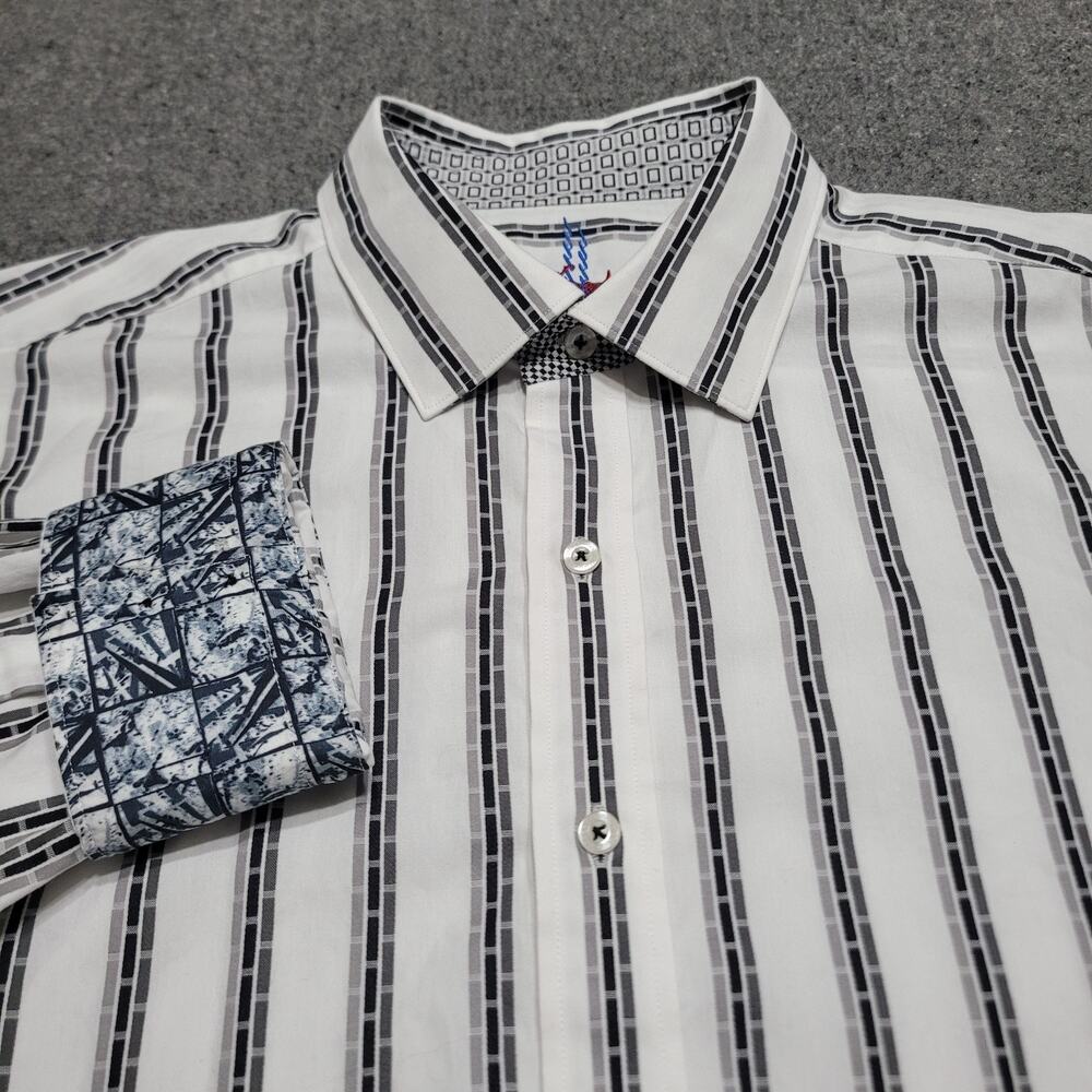 Robert Graham Shirt Mens Extra Large White Gray Black Striped Flip Cuff Button